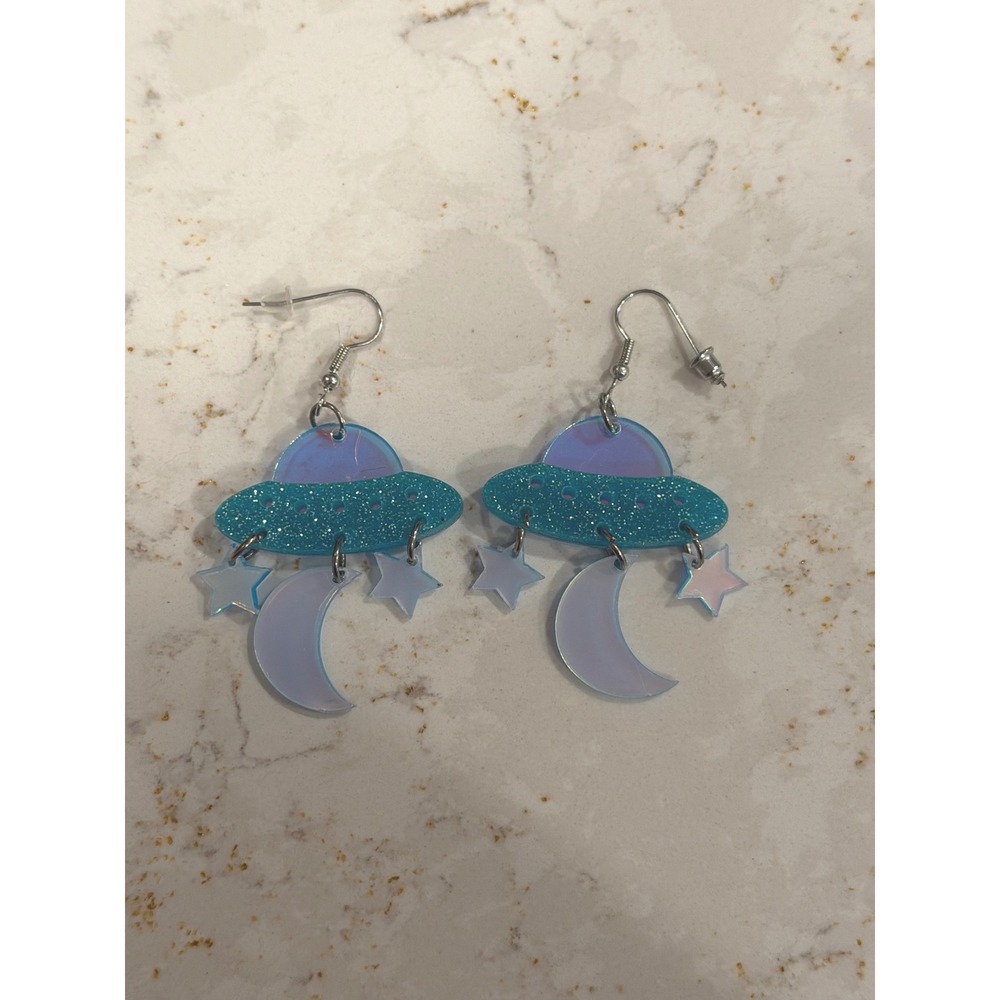 Blue Glitter UFO Acrylic Drop‎ Earrings Iridescent Moon Star Celestial Jewelry